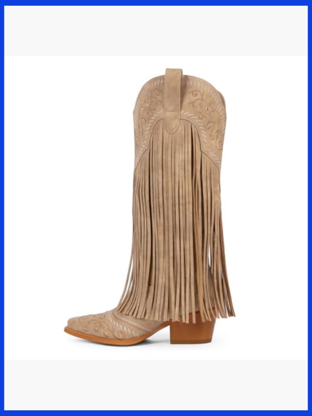 Fringe Knee High Cowboy Boots Embroidered Western Chunky Heel Slip On - Picture 4 of 7
